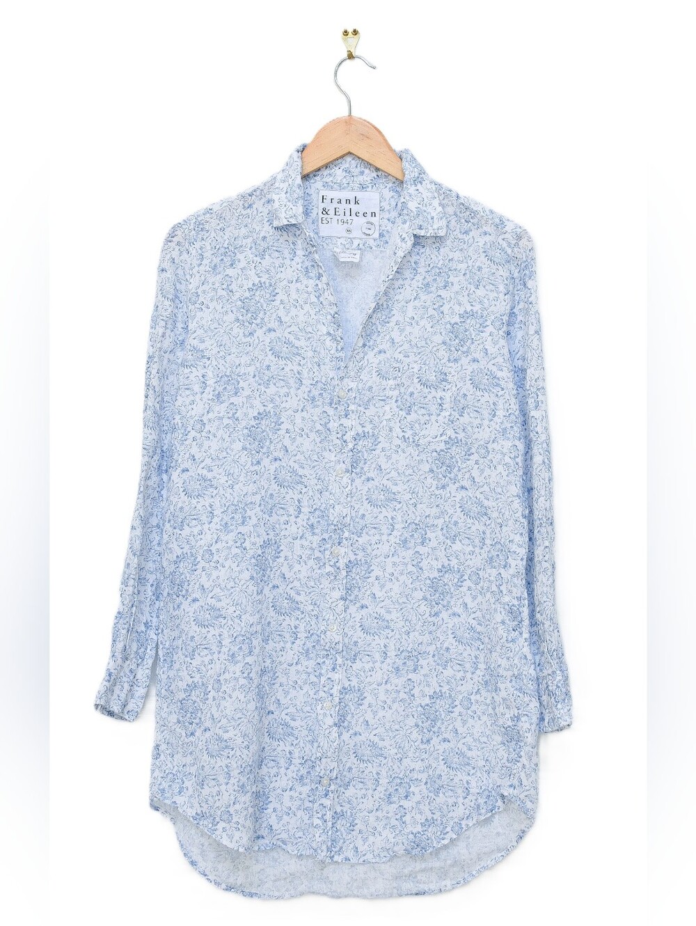 Frank & Eileen Mary Shirt Dress Linen Floral Blue White Size XS Coastal Heritage - Picture 2 of 15